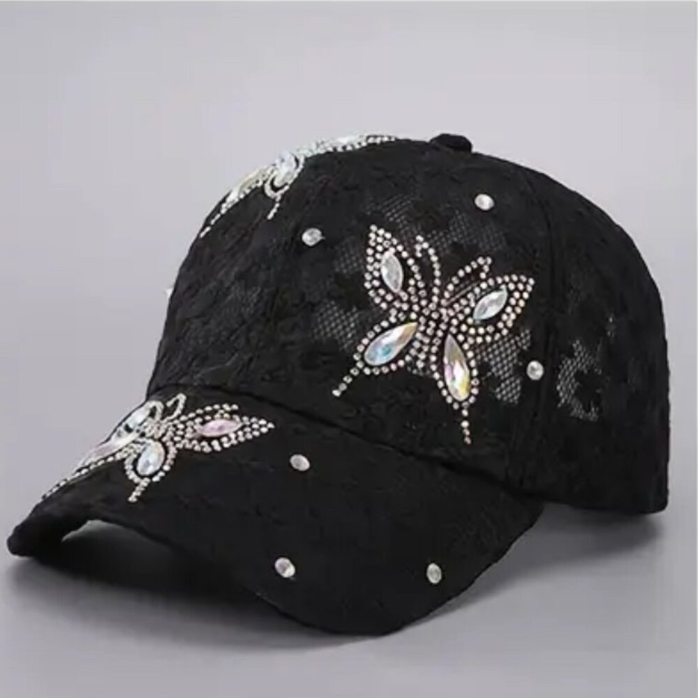 WOMENS BLACK BLING RHINESTONE BUTTERFLY BASEBALL CAP